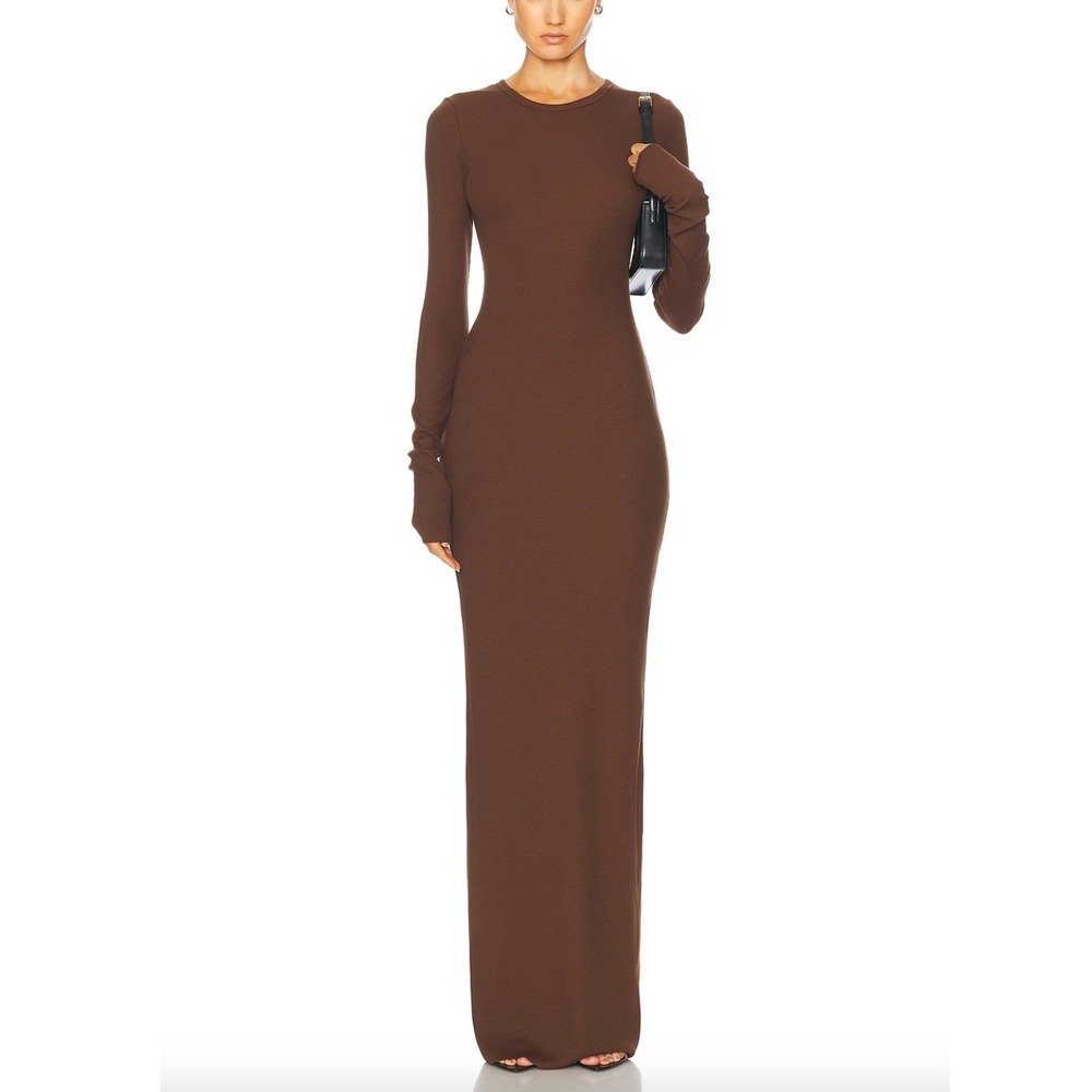 ETERNE Long Sleeve Crewneck Maxi Dress in Chocolate Brown